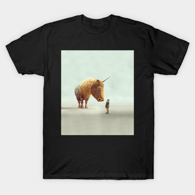 The Mystical Unicorn and the Little Girl on a Dark Background T-Shirt by Puff Sumo